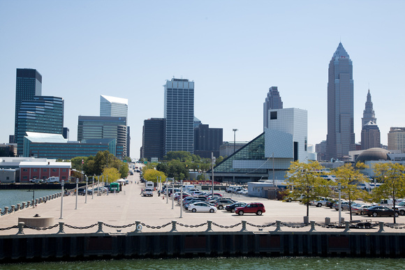 A nice view of downtown Cleveland just before docking on the pier on the left.